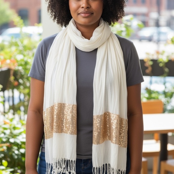 New York & Company White and Gold Sequin Scarf - Picture 7 of 7
